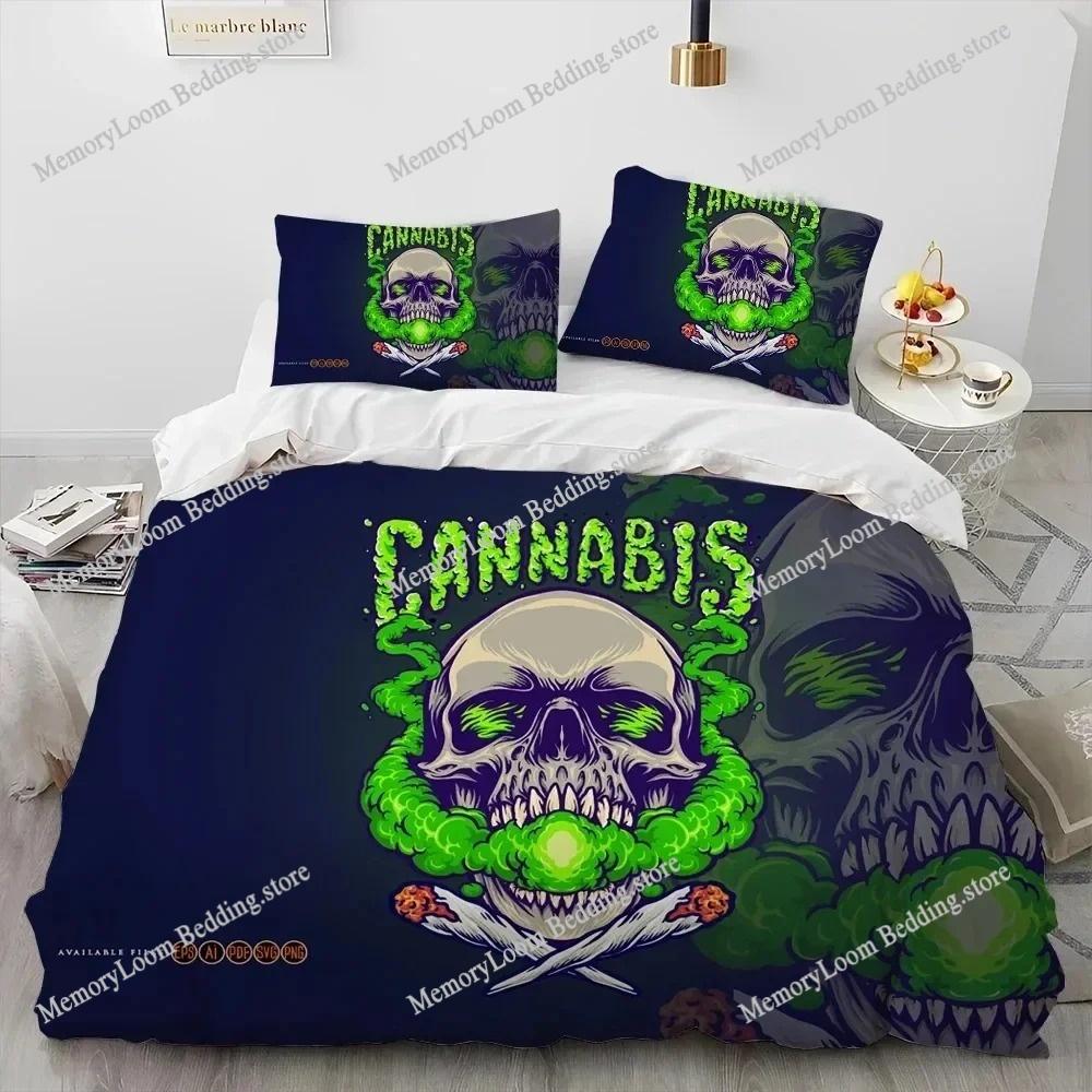 Artwork Unique Maple Weed Plant Green Death Skull Smoke Bedding Set Queen/King Size Duvet Cover Comforter Soft Cozy Home Textile
