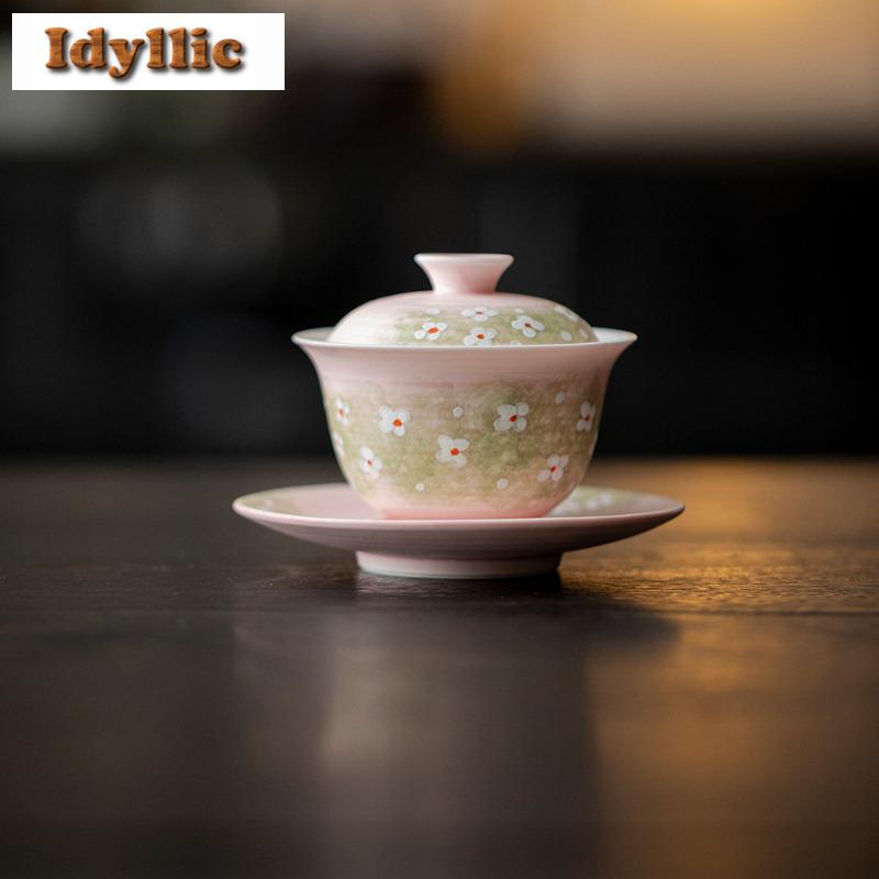 100ml Hand-painted Flower Gaiwan Handmade Tea Tureen Household Tea Bowl With Lid Kit Tea Making Cover Bowl For Tea Ornaments