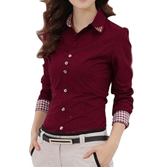 

Офисные узкие хлопковые топы большого размера с длинным воротником и рукавами L бордовый