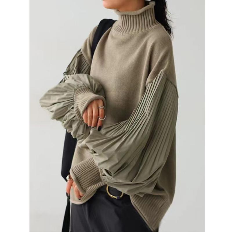 Winter Women Stylish Sweater Turtleneck Patchwork Casual Loose Pullover Lantern Sleeve Ladies' Sweater