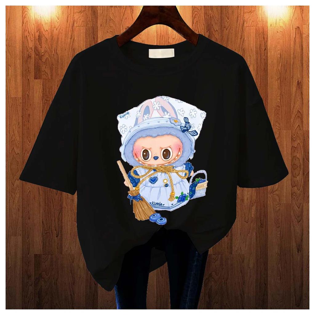 New Labubu Children's T-shirt Maid Outfit LABUBU Pattern Round Neck Short Sleeved Casual Versatile Girl's Top
