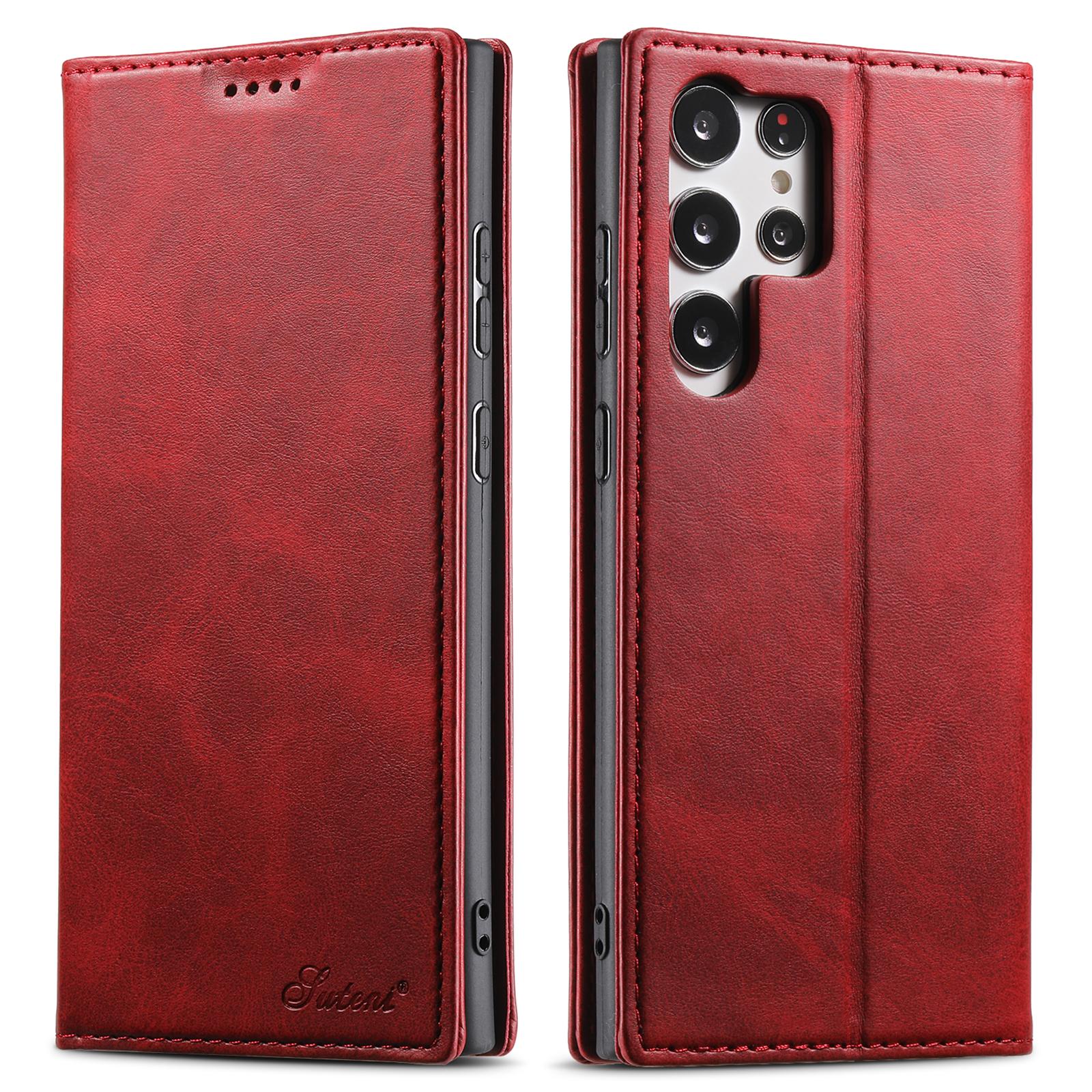 

SUTENI For Samsung Galaxy S23 Ultra Wallet Design Well-protected Automatic Closing Flip PU Leather+TPU Cover Case with Stand Red