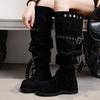 Womens Knee-High Chunky Heel Boots Round Toe Wide Calf Over-the-Knee Fashion Winter