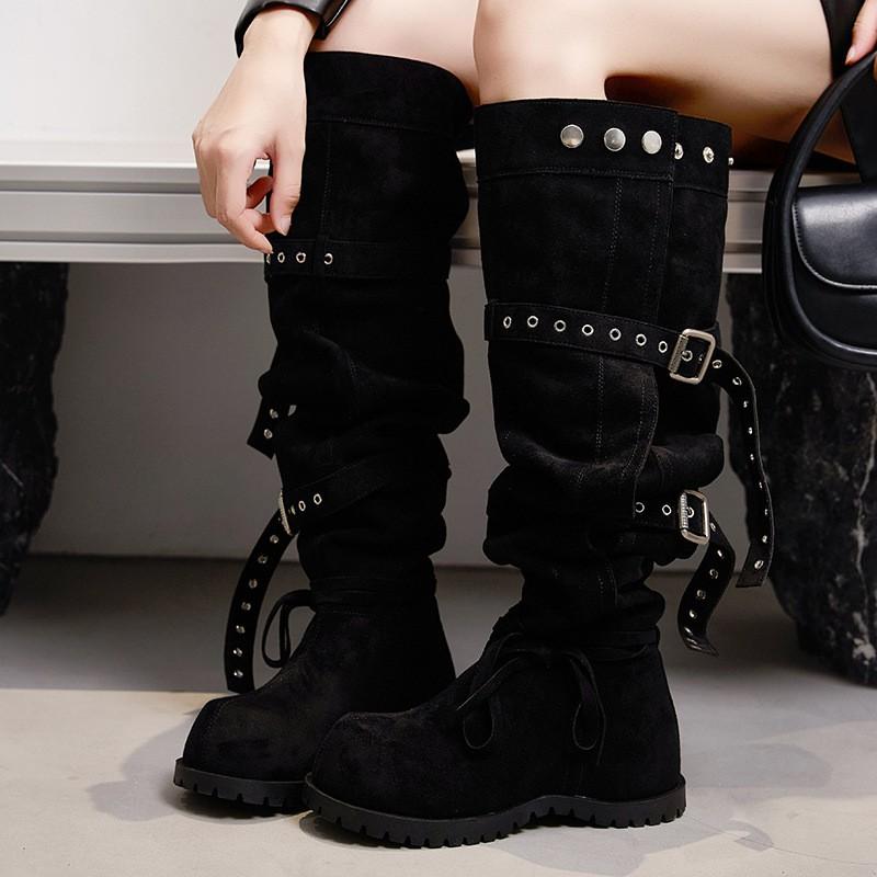 Womens Knee-High Chunky Heel Boots Round Toe Wide Calf Over-the-Knee Fashion Winter