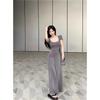 French sweet and spicy style sexy square-neck dress for women, summer Korean design with a cinched waist fitted hip-hugging long dress