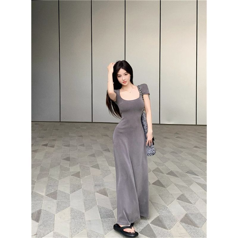 French sweet and spicy style sexy square-neck dress for women, summer Korean design with a cinched waist fitted hip-hugging long dress