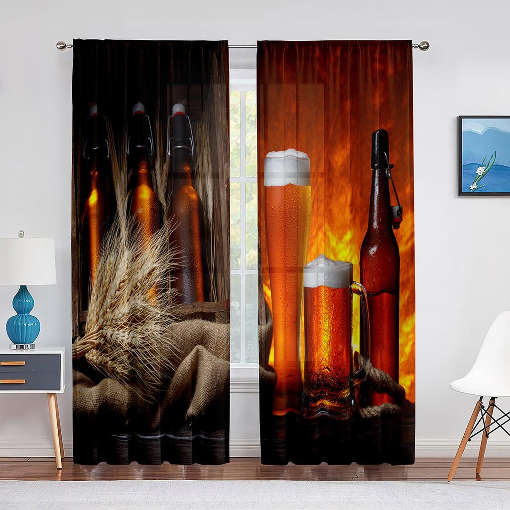 Glasses of Beer and Ale Barrel on Wooden Table Tulle Curtains for Living Room Bedroom Decor Chiffon Sheer Voile Kitchen Curtain