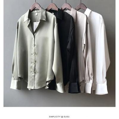 Women's Spring and Autumn Solid Color Buttons Tops Ladies Long-sleeved Lapel Commuter Shirt