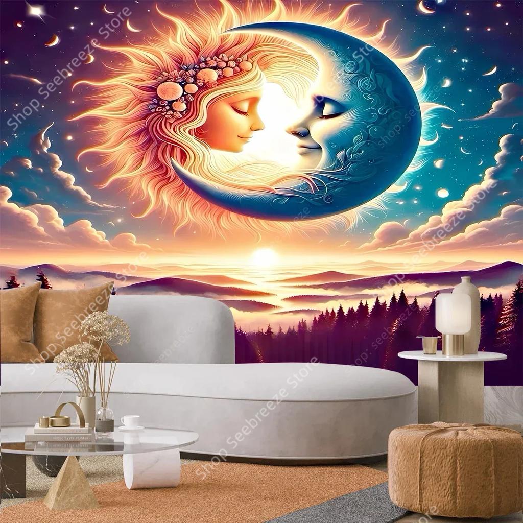 Sun Moon Mandala Tapestry Wall Hanging for Hippie Room Decor Aesthetics Bohemian Witchcraft Home Wall Decor Ramadan Tapestries