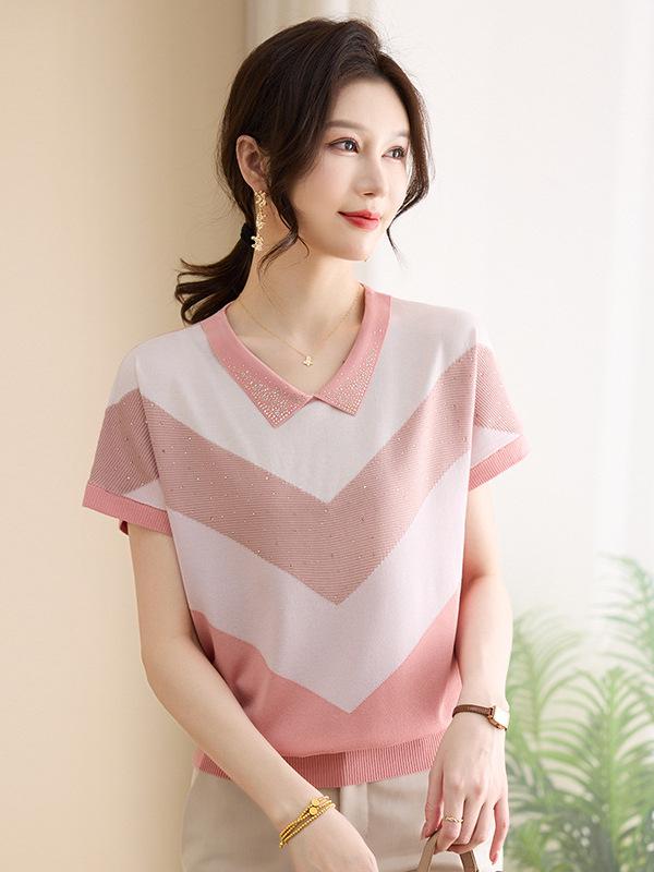 

Summer 2025 Ice Silk T-shirt for Middle-aged Women - Mulberry Silk Short Sleeve Knit Top XL (120-135 jin) розовый