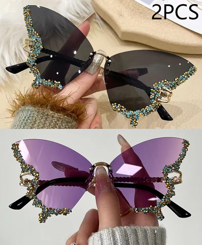 Premium High Quality Premium Luxury Diamond Butterfly Sun Protection Glasses Women Adults Y2K Vintage Retro Vintage Frameless Extra Large Oversized