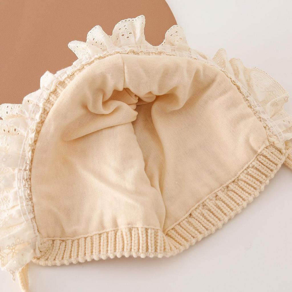 Koreański Styl Zimowa Czapka Wełniana z Koronką dla Malucha - Grubo Dziana, Wiązana, Ochrona Uszu