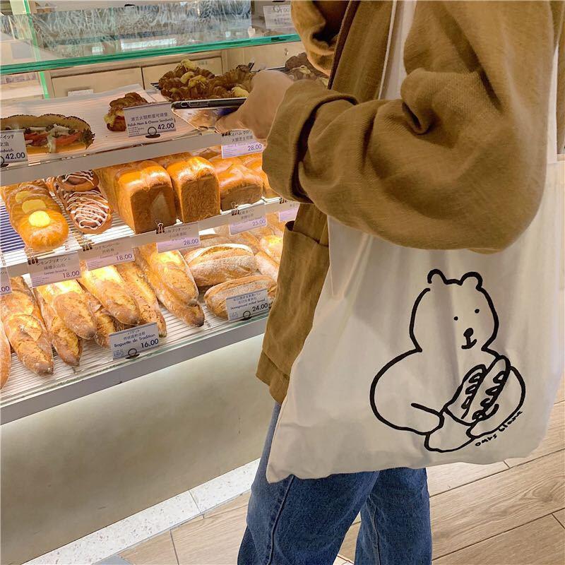 Korean Ins Niche Design Cute Cartoon Fun Pattern Thin Cotton Grey Cloth Bag Canvas Single Shoulder