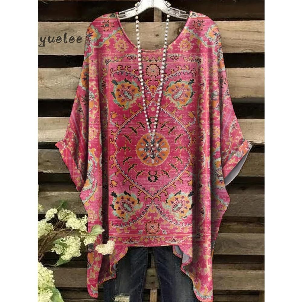 Damenbekleidung Bohemian Floral Tunika Übergröße Damen Bohemian Floralprint Tunika T-Shirt Kurzarm O-Ausschnitt Freizeitkleidung