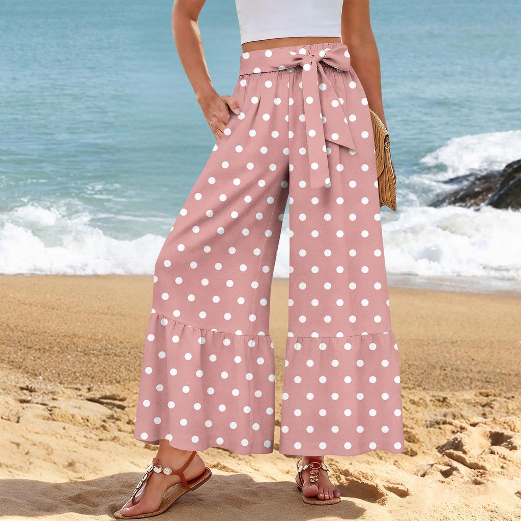 Damen Freizeithose mit weitem Bein, Stretch, Hoher Bund, Gerüschter Saum, Weite Beine, Mit Gürtel und Taschen