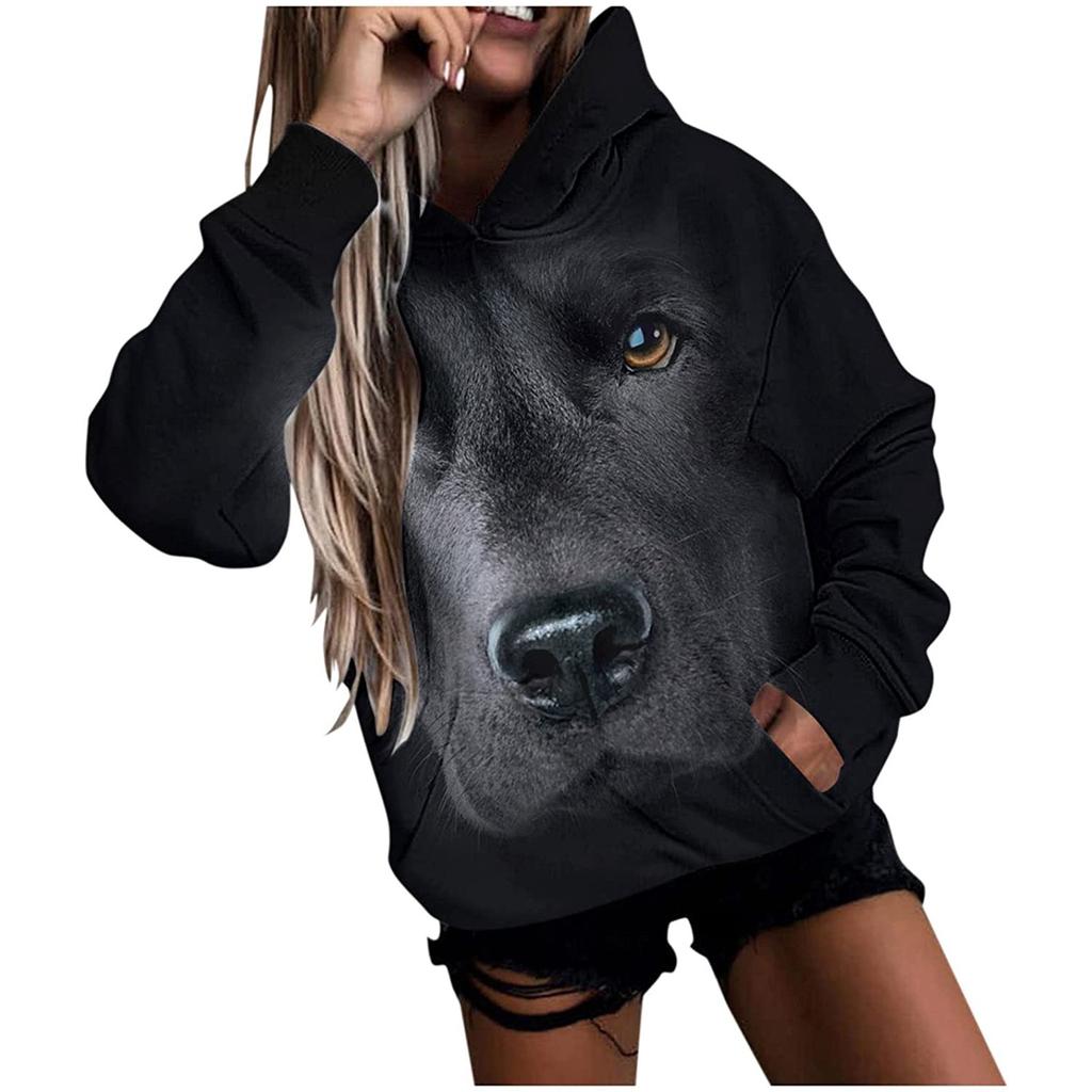Buy Ladies Casual Solid Color Cat And Dog Print Round Neck Hooded