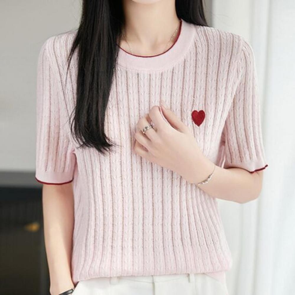 Navava Basic Ribbed Twist Heart Round Neck Short Sleeve Knit Tee Nk3651