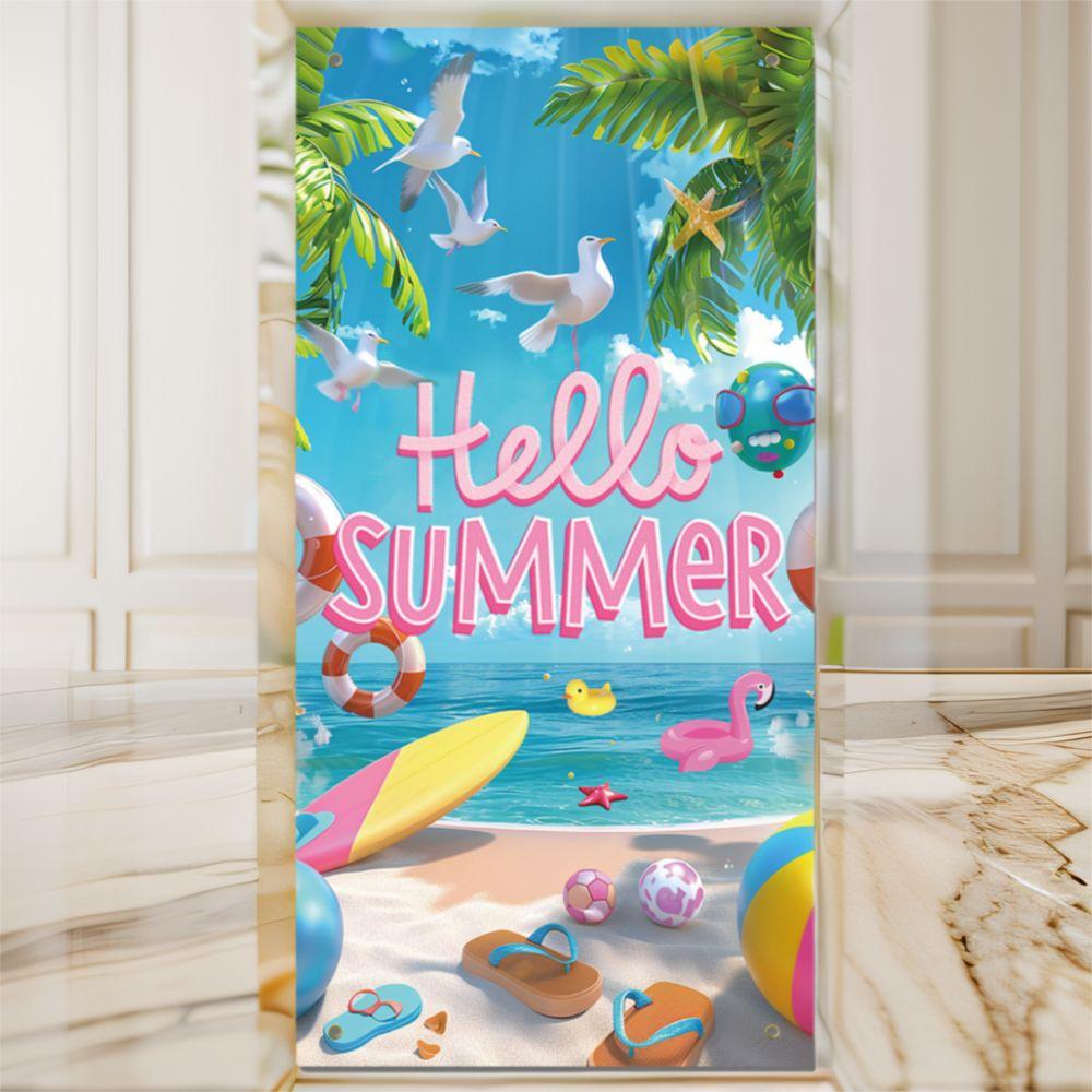 Beach Style Hello Summer Hawaiian Backdrops Cartoon Party Hanging Banner  Summer Celebrations