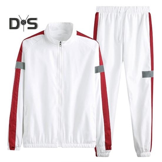 

Комплект мужской спортивной одежды из 2 предметов, цветной лоскутный воротник-стойка, длинный рукав, застежка-молния, куртка, эластичный пояс, спортивные штаны на шнурке M белый