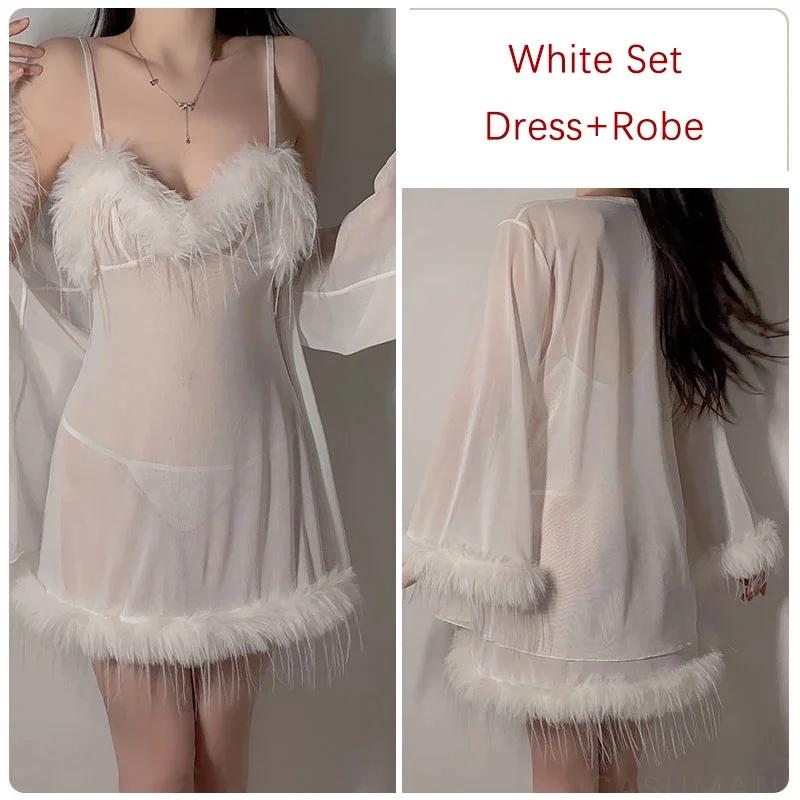 Pyjama doux pour femme, sexy, col en V, maille transparente, plumes, bretelles, chemise de nuit, ensemble uniforme