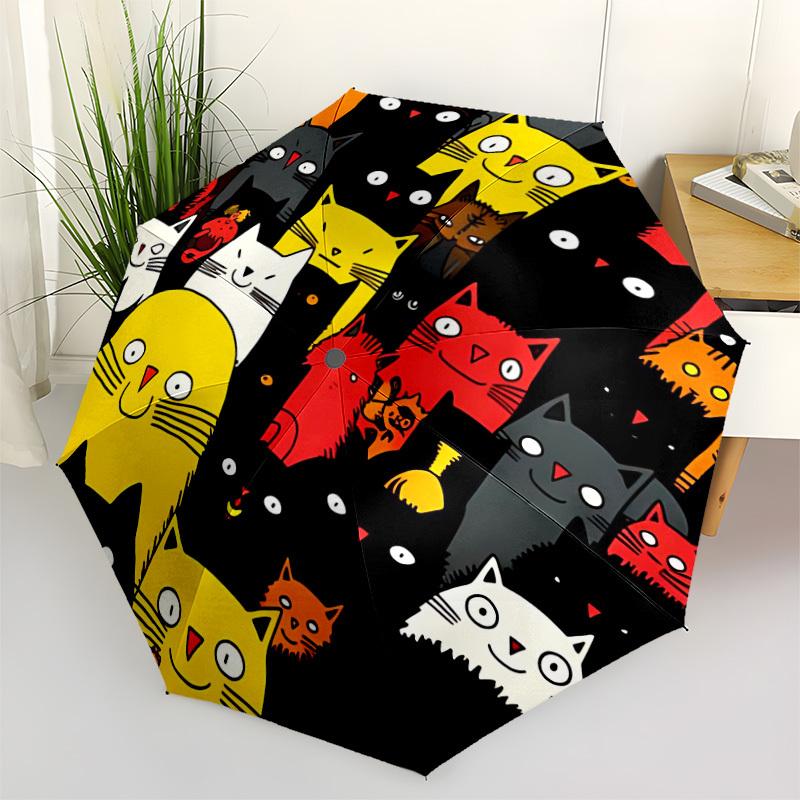 1pc Cat Pattern Automatic Folding Umbrella - Compact 8-Rib Design, Durable Plastic & Iron, Lightweight for Outdoor Daily Use052