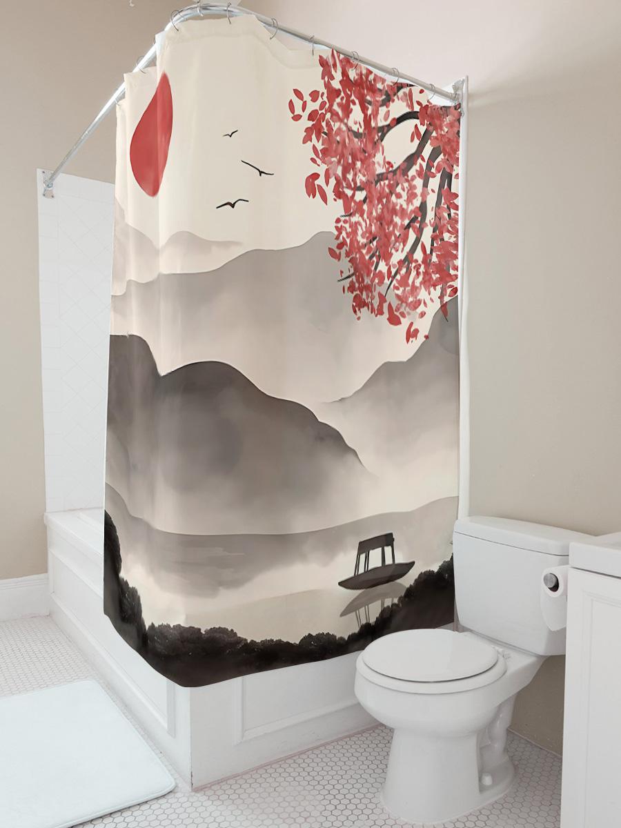 

Watercolor Red Sun Mountain Lake Scene Bath Curtain With Boat Tree Branches Decor Waterproof Fabric Durable Complimentary Hook W60H190(CM)-1 Pcs