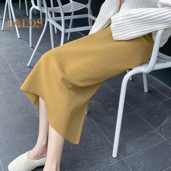 Women Knitting Skirt High Waist Back Slit Design Solid Color Midi Skirt Soft Breathable Thickened Warm Hip Wrapped Skirt