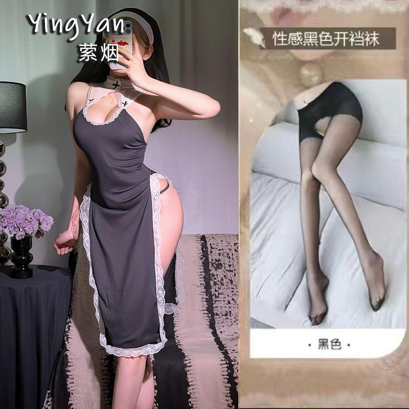 Sexy lingerie sexy cosplay nun uniform high split lace dress hollow halter uniform