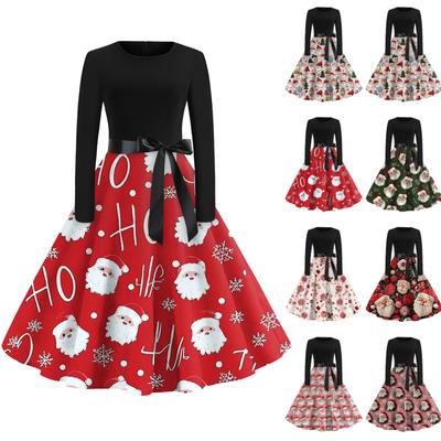 Damska Modna i Elegancka Jesienno-Zimowa Sukienka z Długim Rękawem i Okrągłym Dekoltem ze Świątecznym Nadrukiem