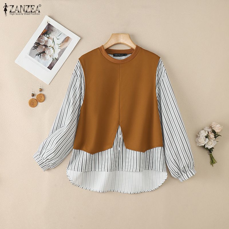 ZANZEA Women Casual Stripe Patchwork Long Sleeve Loose Pullover Blouse