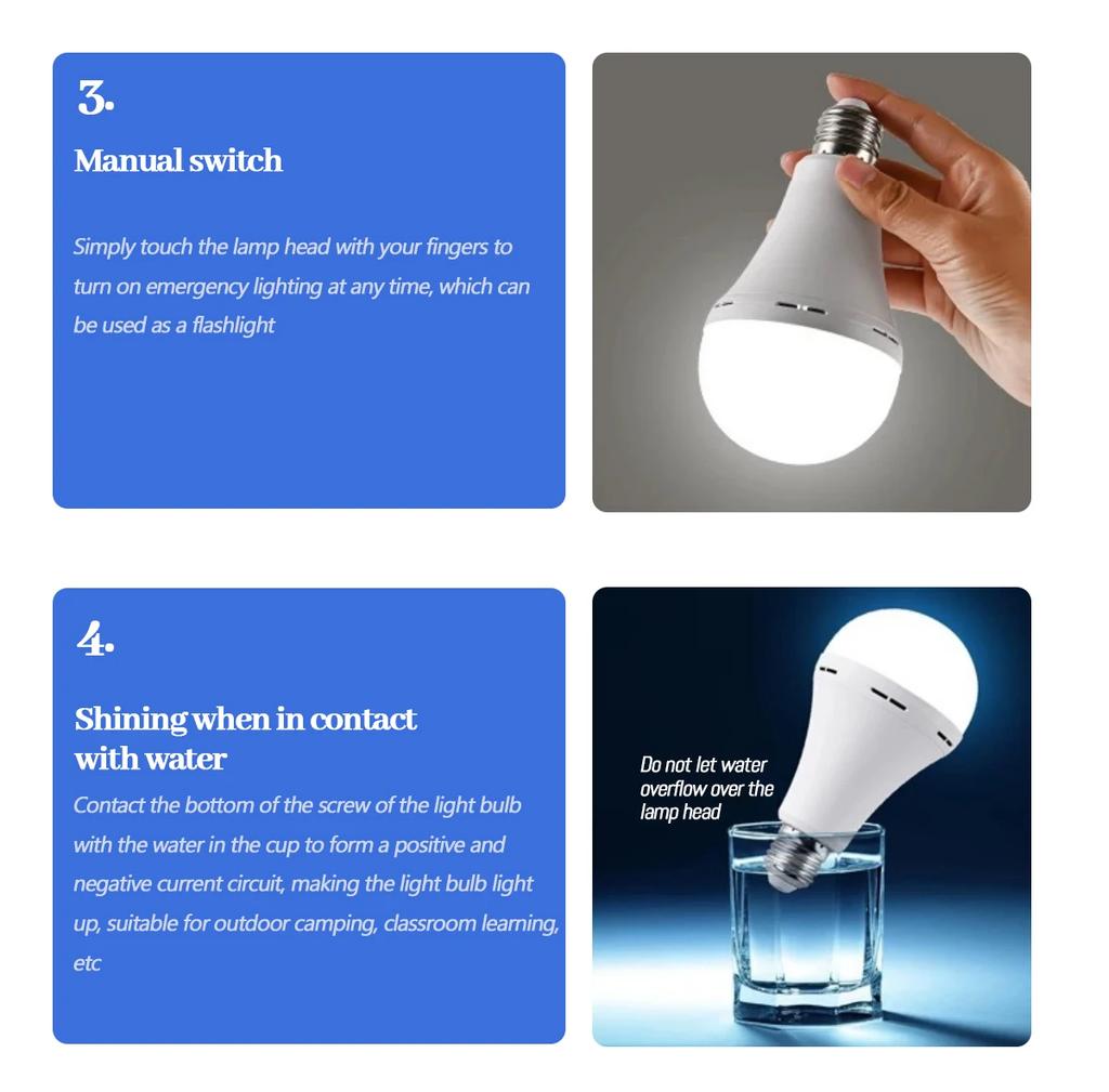 1-4PCS 9W Portable Rechargeable LED Emergency Bulb 6500K White Light E27/E26 Base for Home Camping Outdoors Emergencies