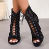 New Women's Sexy High Heel Hollow Mesh Sandal Women Cross-tied Peep Toe Heeled Sandals Ankle Strap Dance Shoes Black Net Sandals