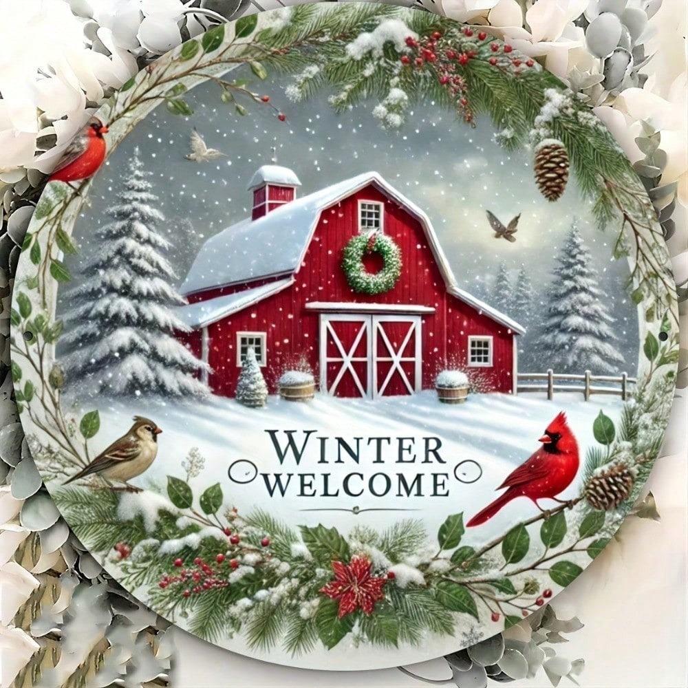 Vintage Red Barn Snowy Tin Metal Sign 8x8 Rustic Winter Farmhouse Wall Art Home Decor Kitchen Bar