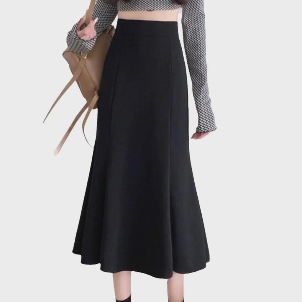 Schwarzer High-Waist-Fischschwanzrock für Damen – Slim Fit, mittellang, birnenförmig, Frühling & Herbst 2024.