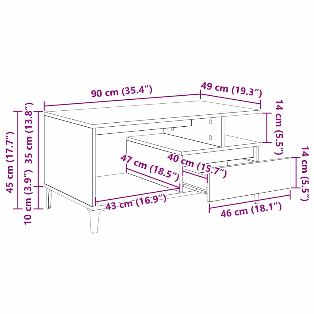 Artisan Oak Coffee Table 90 X 49 X 45 Cm Engineered Wood
