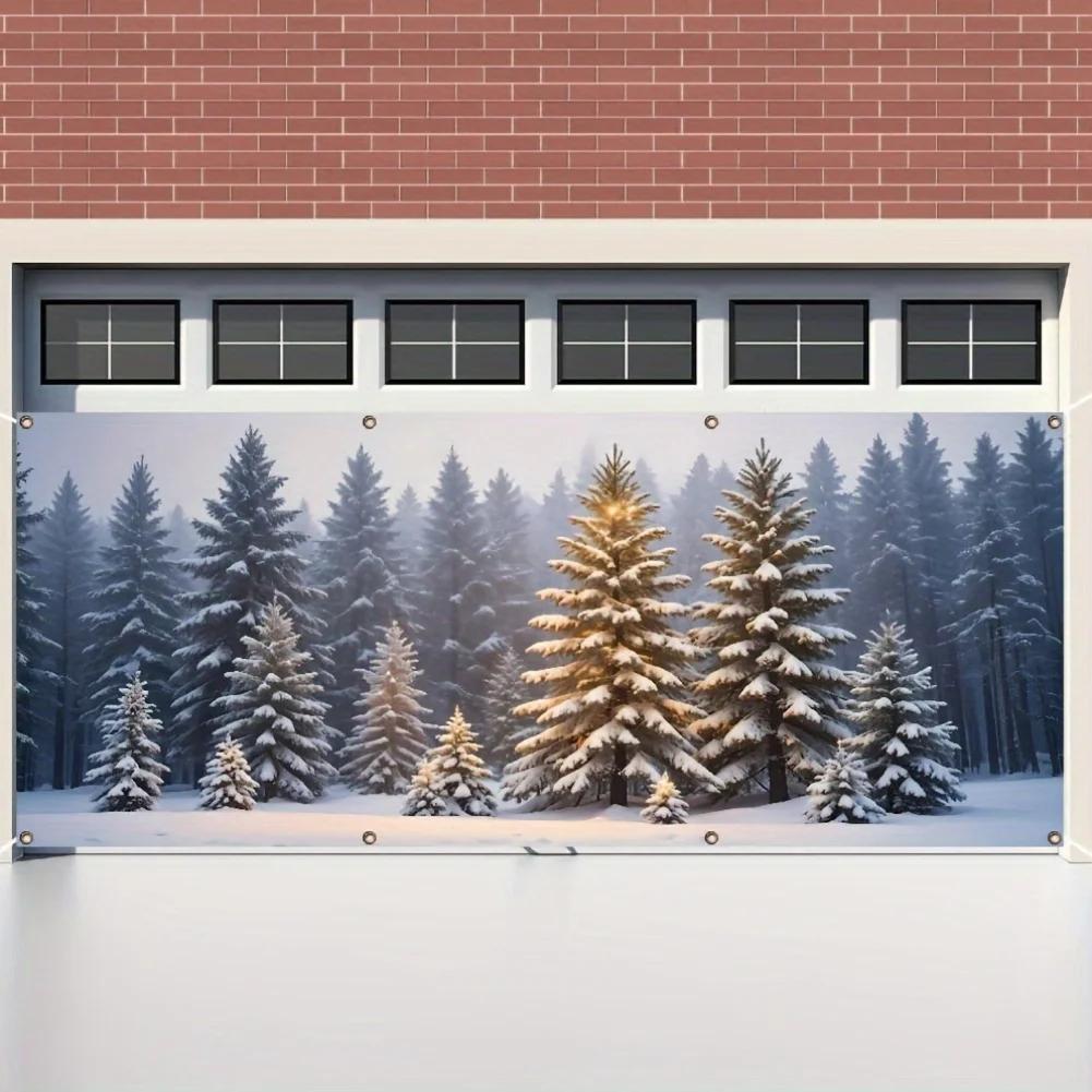 Cheerful Winter Garage Door BannerRobust Outdoor Christmas Decoration Made of Polyester Design with Snow-Covered Tree
