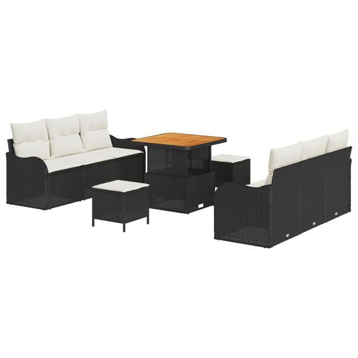 Ensemble de Canapés de Jardin 9 pièces vidaXL avec coussins Noir Rattan Synthétique Acacia, Canapé de Jardin 2 places vidaXL 3362215