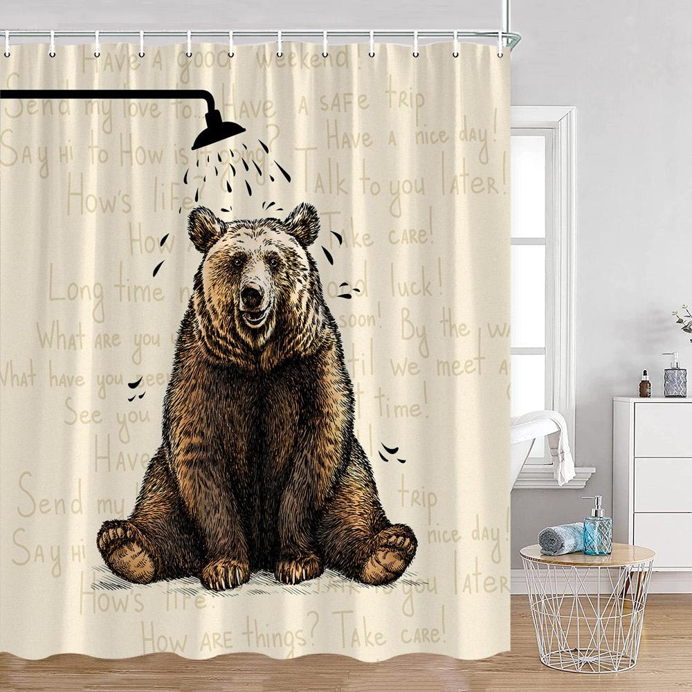 Funny Bear Shower Curtains Bathing Bear Wooden Plank Pattern Fabric Bathroom Decor Bear Silouette Rustic Bath Curtain With Hooks