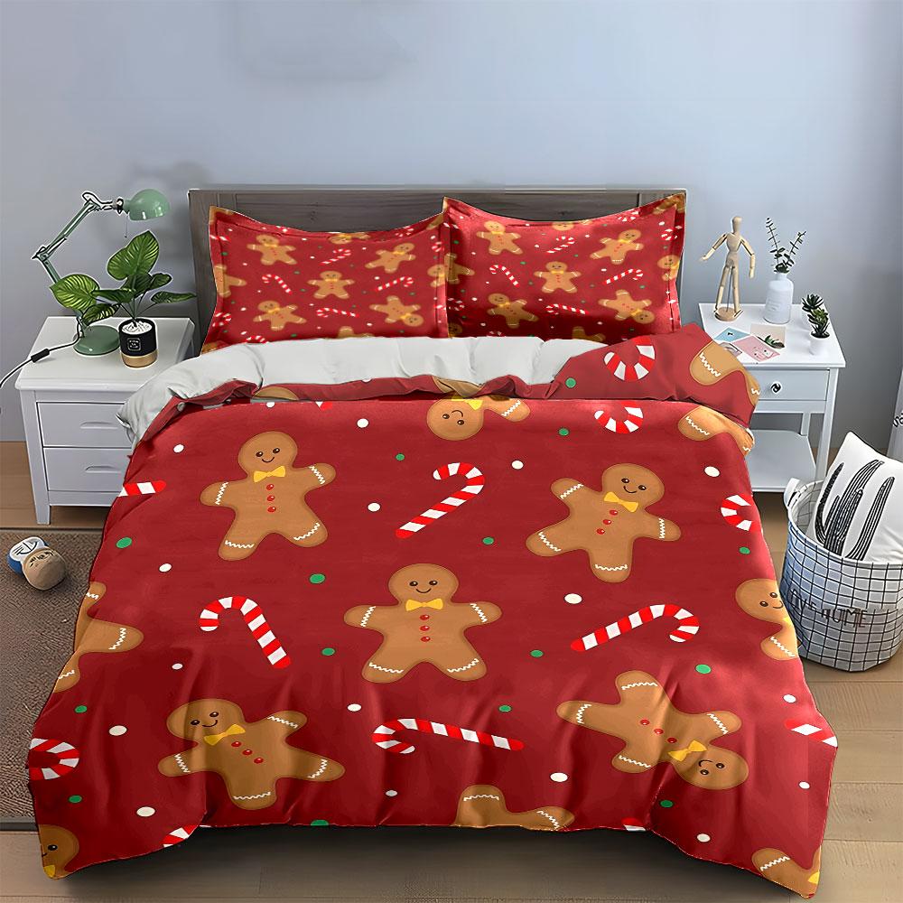 Gingerbread Candy Cane Pattern Bedding Duvet Cover Set Duvet Cover Pillowcases (1*Duvet Cover 2*Pillowcases, without duvet insert)