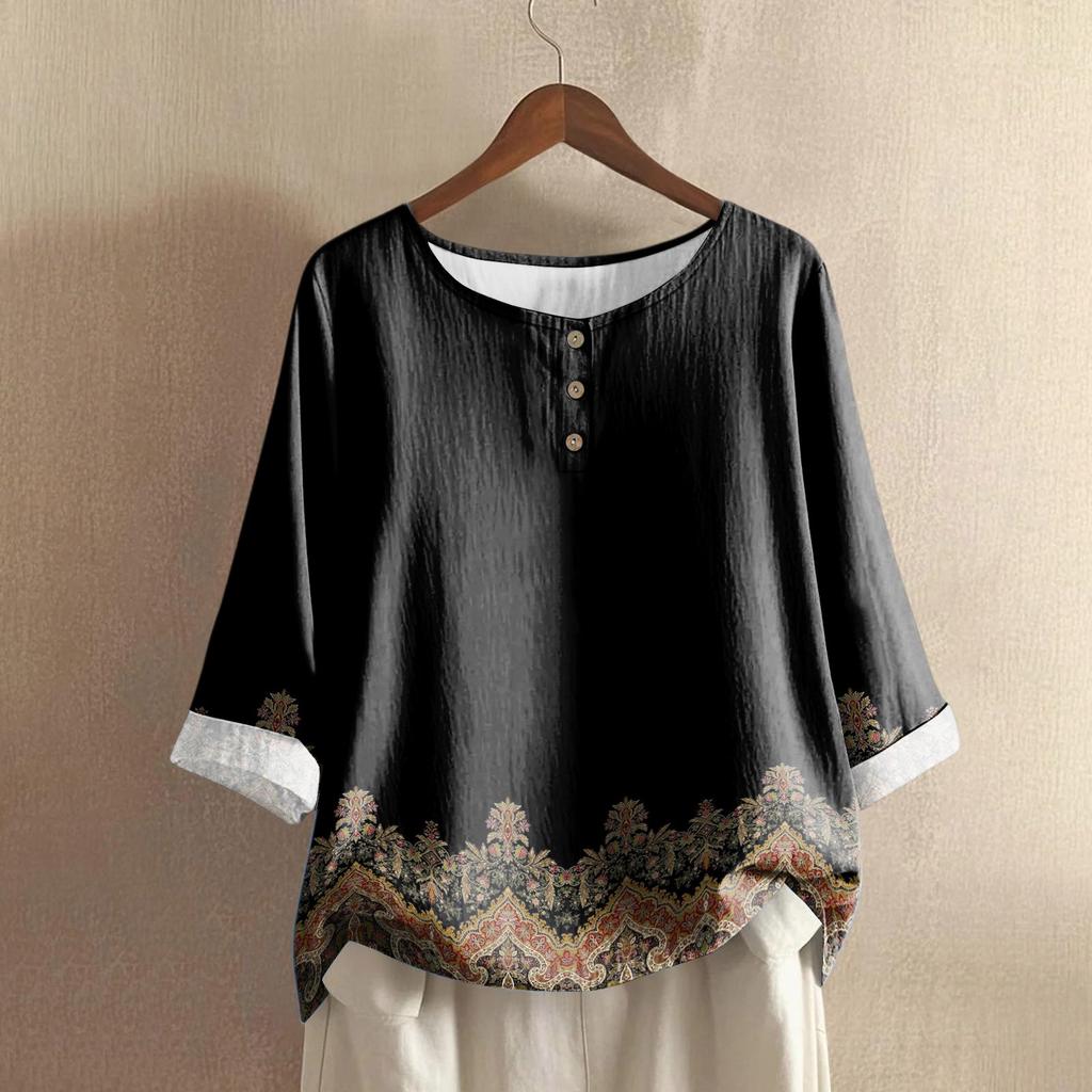Women's Casual Three-quarter Sleeve Round Neck Gradient Color Printed Cotton And Linen Top