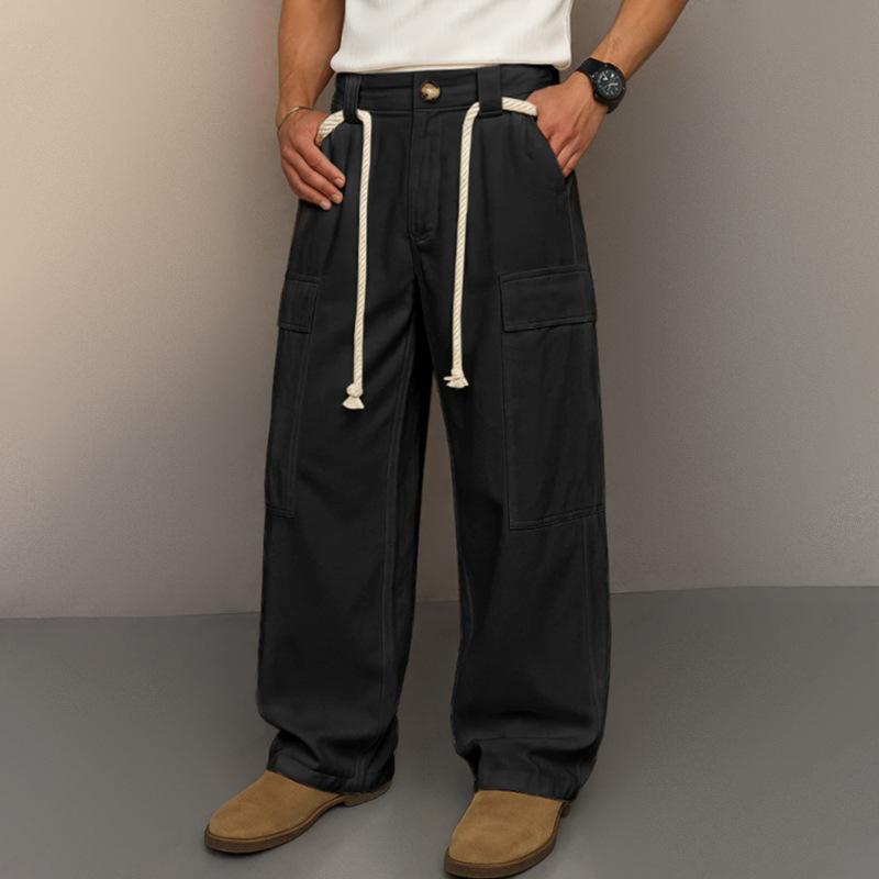 Men Casual Cargo Pants Multi Pocket Drawstring Waist Wide Leg Streetwear Trousers Outdoor Activities
