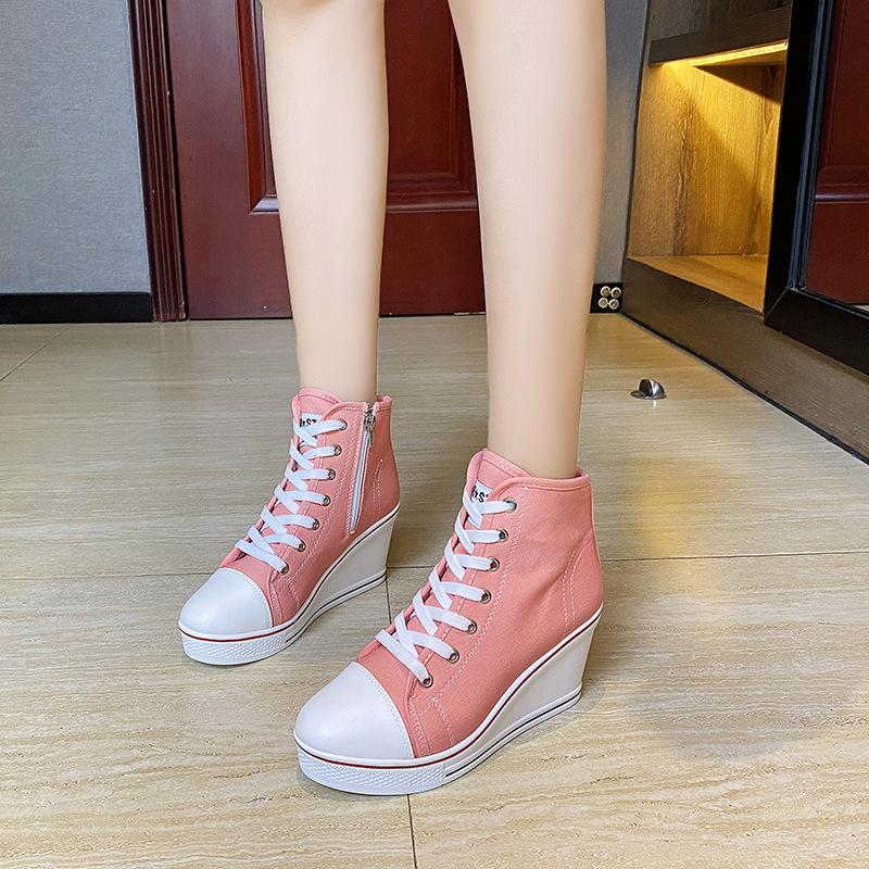 Fashion New High-top Canvas Shoes Slope Heel Height-increasing Casual Shoes, Thick-soled Lace-up Foreign Trade Large-size Women's Shoes