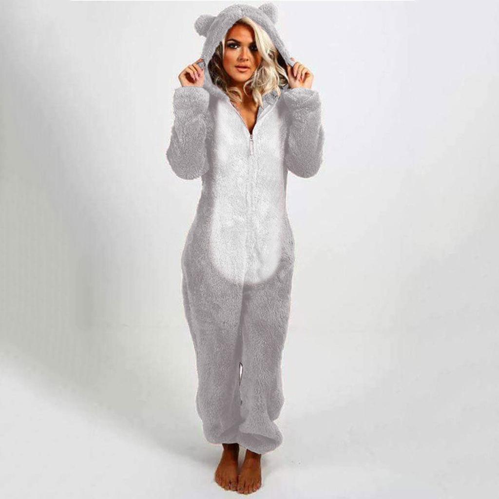 Women's Fashion Fleece-Lined Thickened Fleece Hooded Pyjamas With Zip-Up Onesie