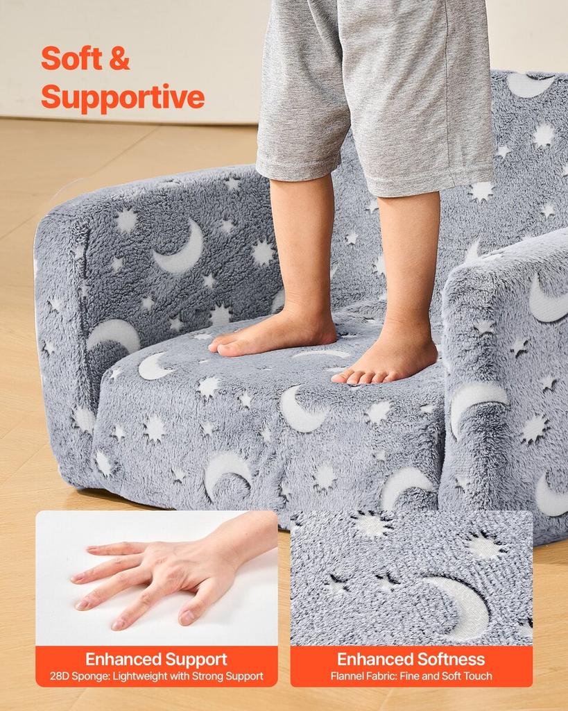 2-in-1 Kids Sofa, Foldable Toddler Soft Couch with Armrests, Glow in the Dark Kids Couch Fold Out with 28D Sponge & Flannel, Convertible Toddler Chair