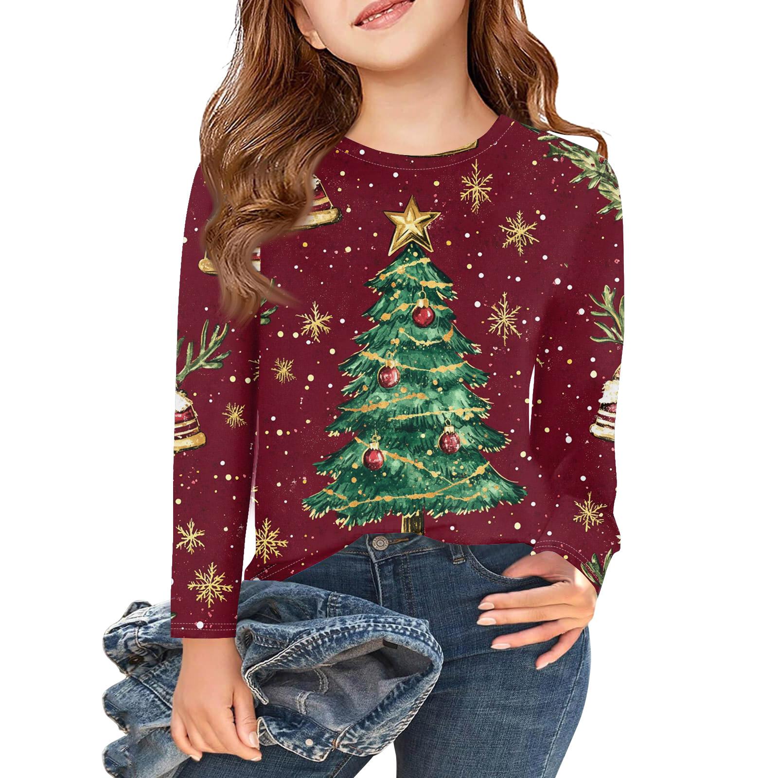 

Рождественские футболки с длинным рукавом для девочек, детские осенние топы с круглым вырезом и принтом, базовые футболки 130 винный