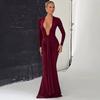 Sexy long-sleeved deep V European and American style autumn new low-cut solid color slim-fitting streamer hip-wrapped fishtail dress
