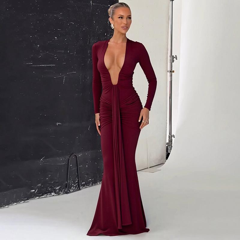 

Sexy long-sleeved deep V European and American style autumn new low-cut solid color slim-fitting streamer hip-wrapped fishtail dress S бордовый