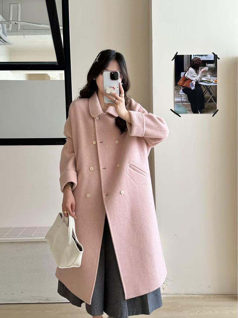 New Korean Style Double-Breasted Candy Color Wool Coat with Peter Pan Collar for Girls - Autumn/Winter Collection.