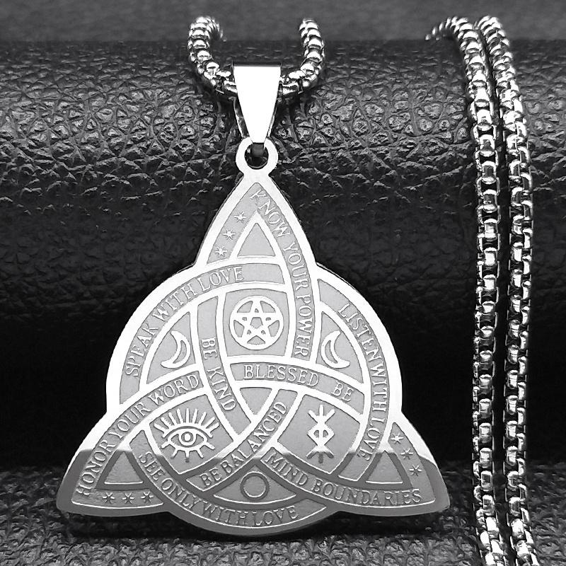 Witch Triquetra Trinity Celtic Knot Necklace Stainless Steel Pentagram Triple Moon Goddess Necklaces Jewelry Collar N3406S02