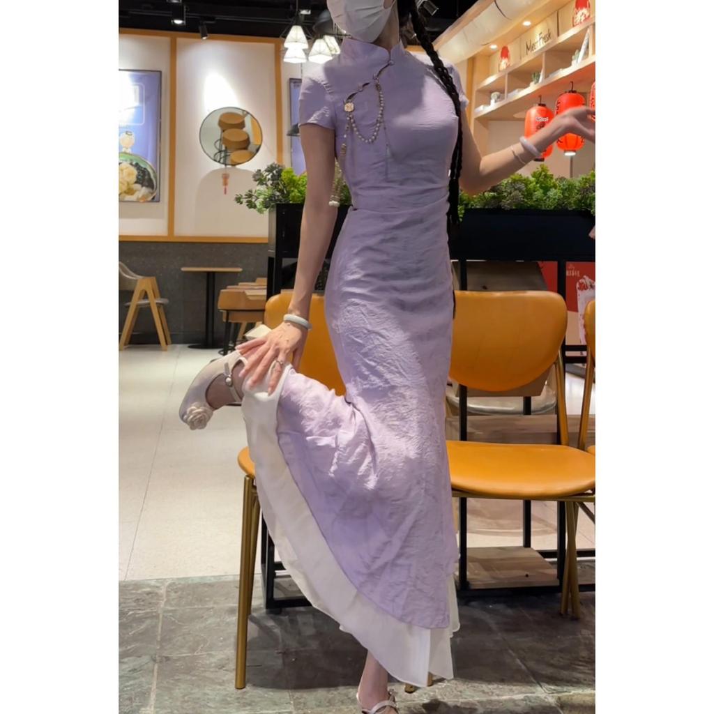 Retro Chinese Stand Collar Cheongsam: Step by Step Lotus Spliced Slimming Dress